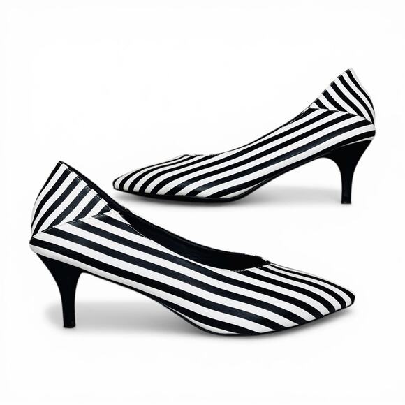Catherine Malandrino Striped Kitten Heel Black White Point Toe Paris Chic 10 - Picture 7 of 7